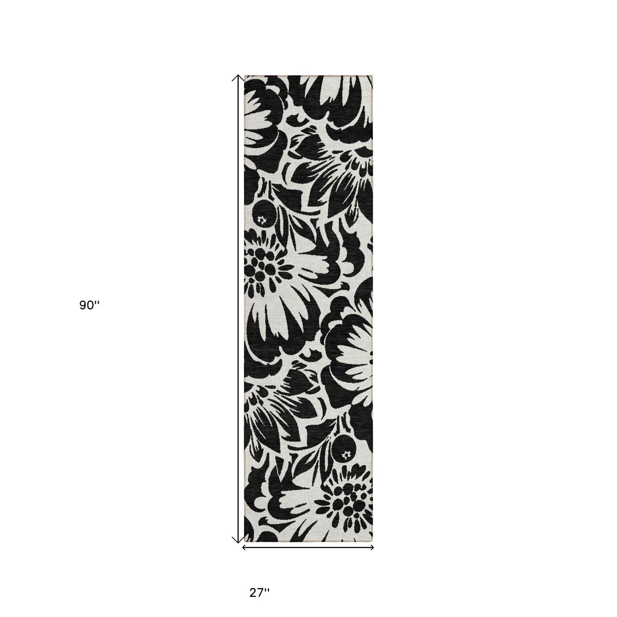 8' Runner Black and Ivory Floral Washable Non Skid Indoor Outdoor Runner Rug W2B
