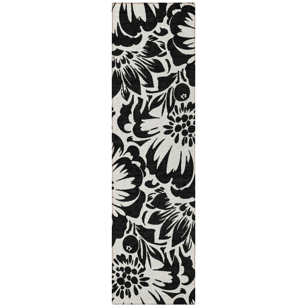 8' Runner Black and Ivory Floral Washable Non Skid Indoor Outdoor Runner Rug W2B