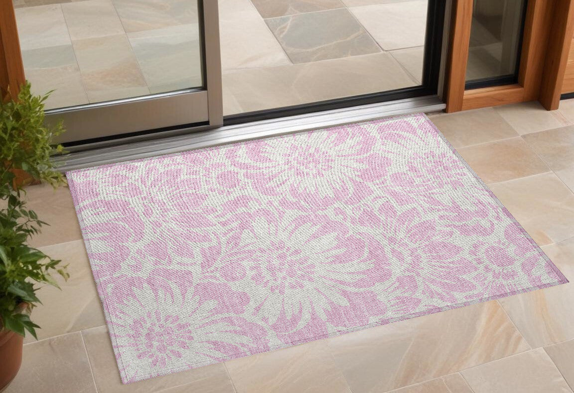 3' X 5' Pink and Ivory Floral Washable Non Skid Indoor Outdoor Area Rug W2B