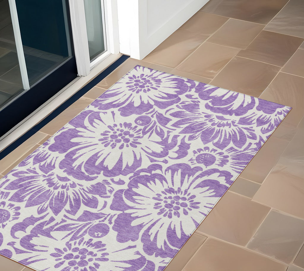 3' X 5' Purple and Ivory Floral Washable Non Skid Indoor Outdoor Area Rug W2B