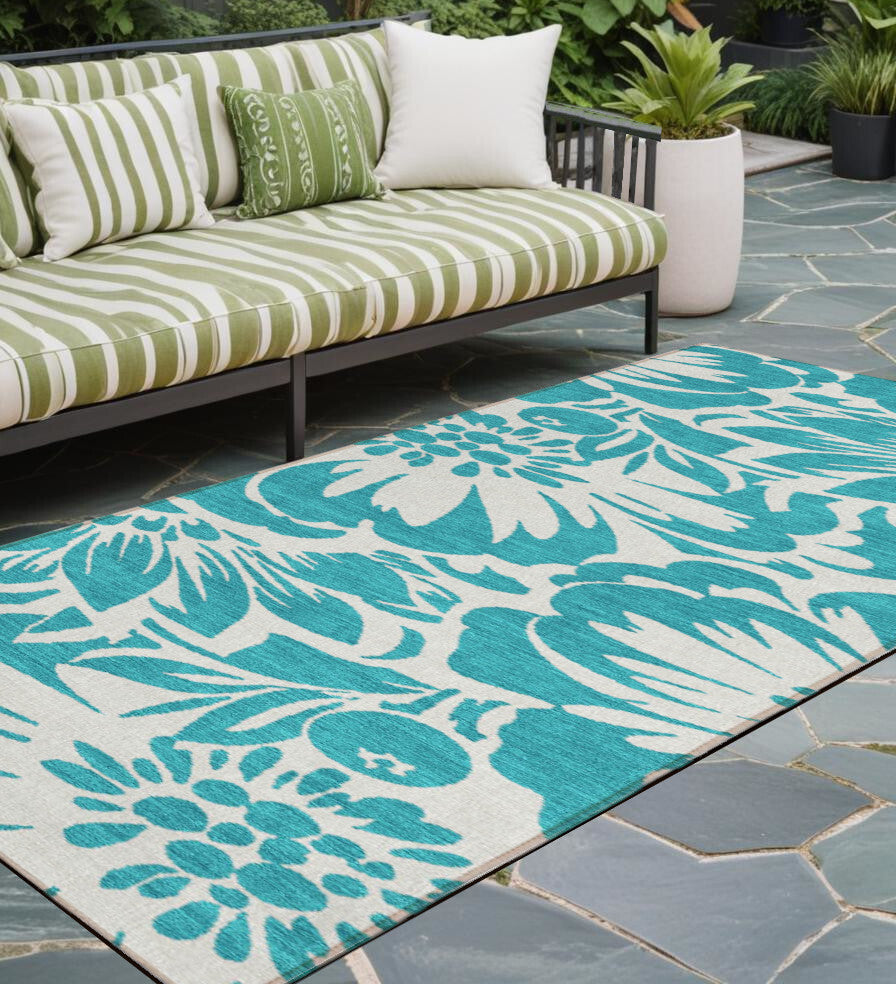 2' X 8' Teal and Ivory Floral Washable Non Skid Indoor Outdoor Runner Rug W2B