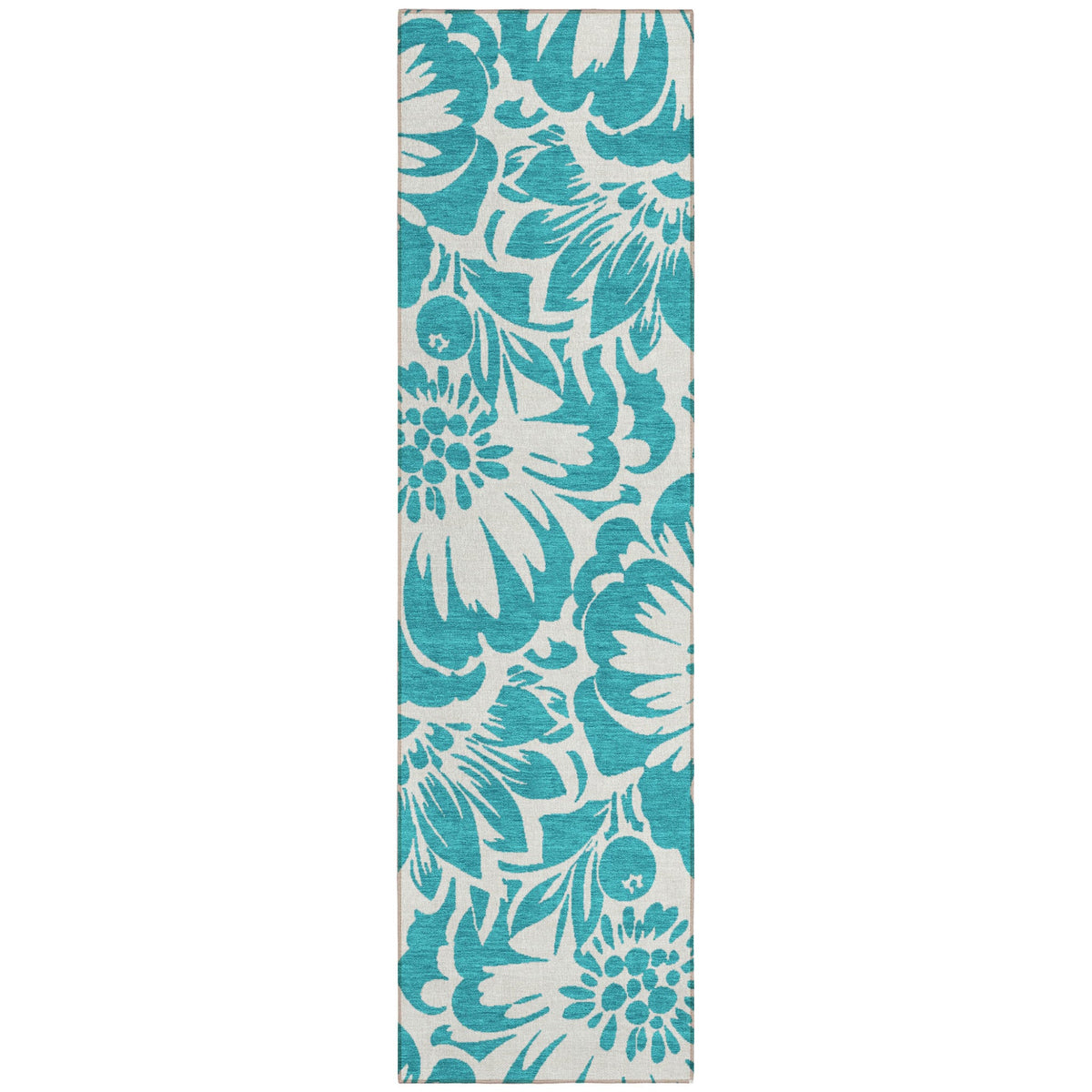 2' X 8' Teal and Ivory Floral Washable Non Skid Indoor Outdoor Runner Rug W2B