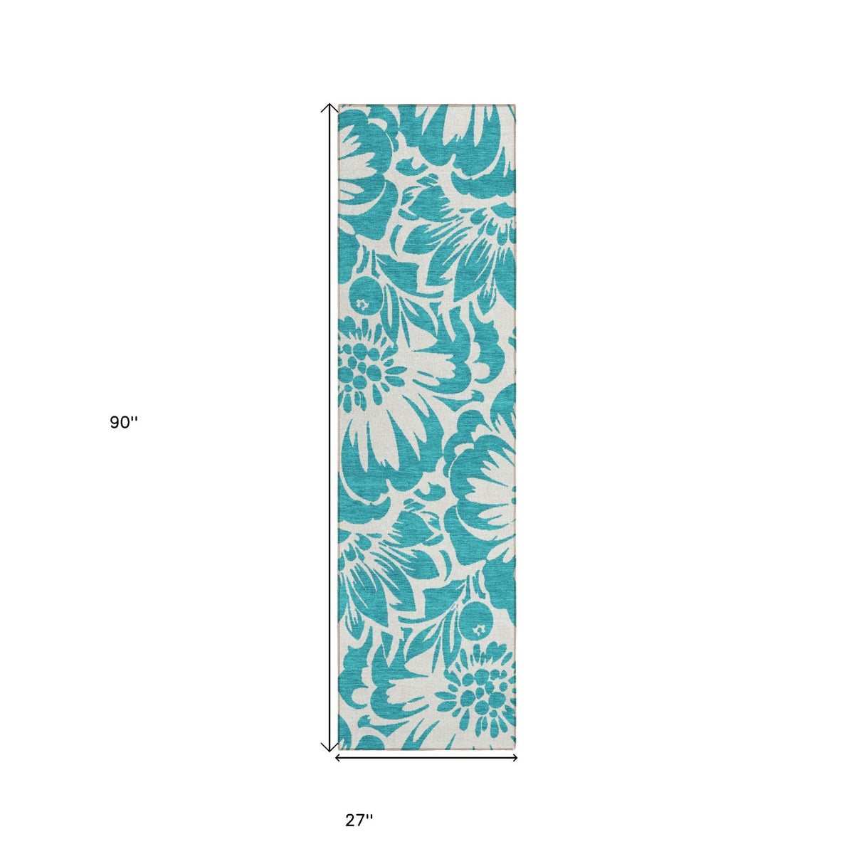 2' X 8' Teal and Ivory Floral Washable Non Skid Indoor Outdoor Runner Rug W2B