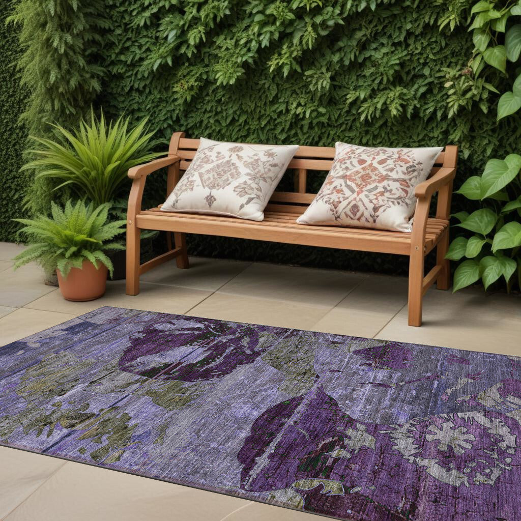 2' X 8' Purple and Green Abstract Washable Indoor Outdoor Runner Rug W2B