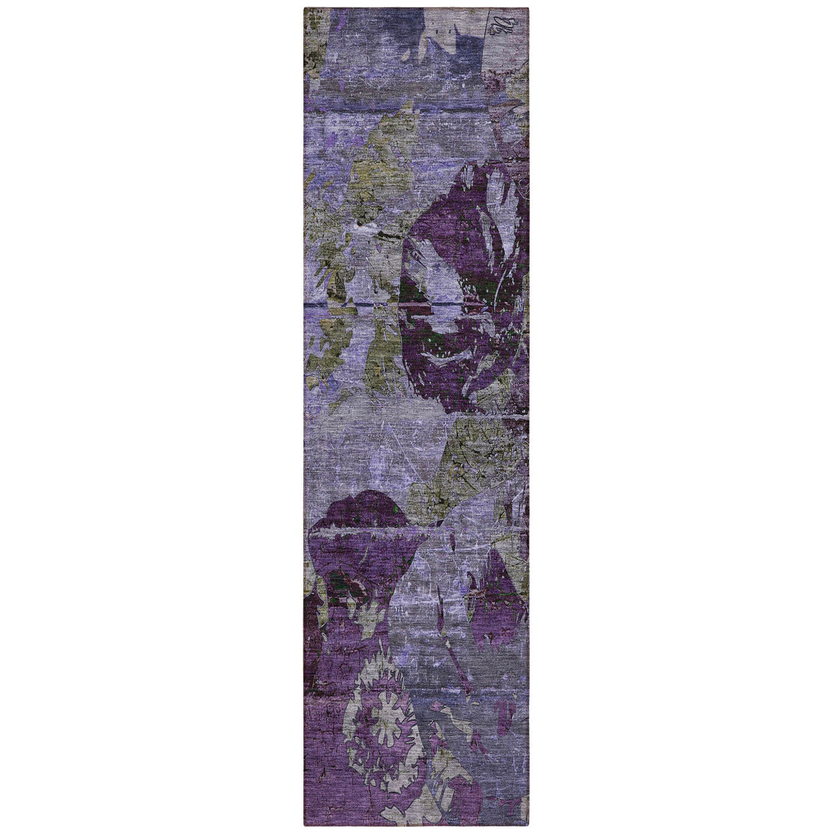 2' X 8' Purple and Green Abstract Washable Indoor Outdoor Runner Rug W2B