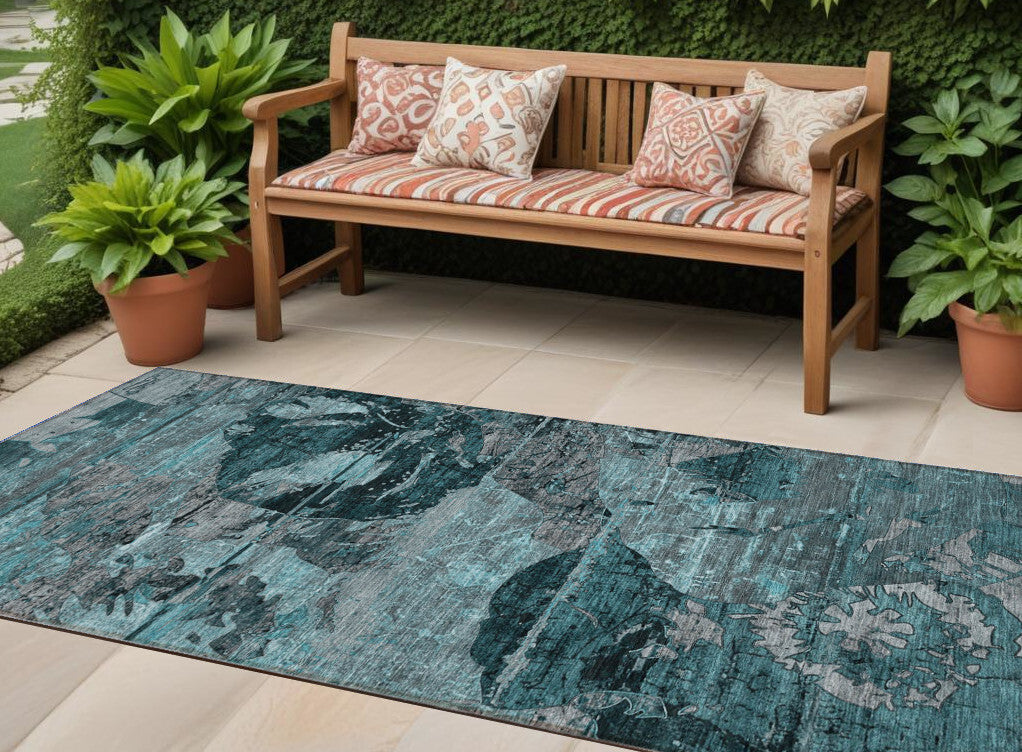 2' X 8' Teal and Gray Abstract Washable Indoor Outdoor Runner Rug W2B
