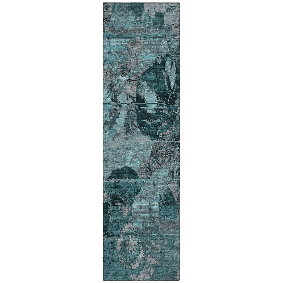 2' X 8' Teal and Gray Abstract Washable Indoor Outdoor Runner Rug W2B