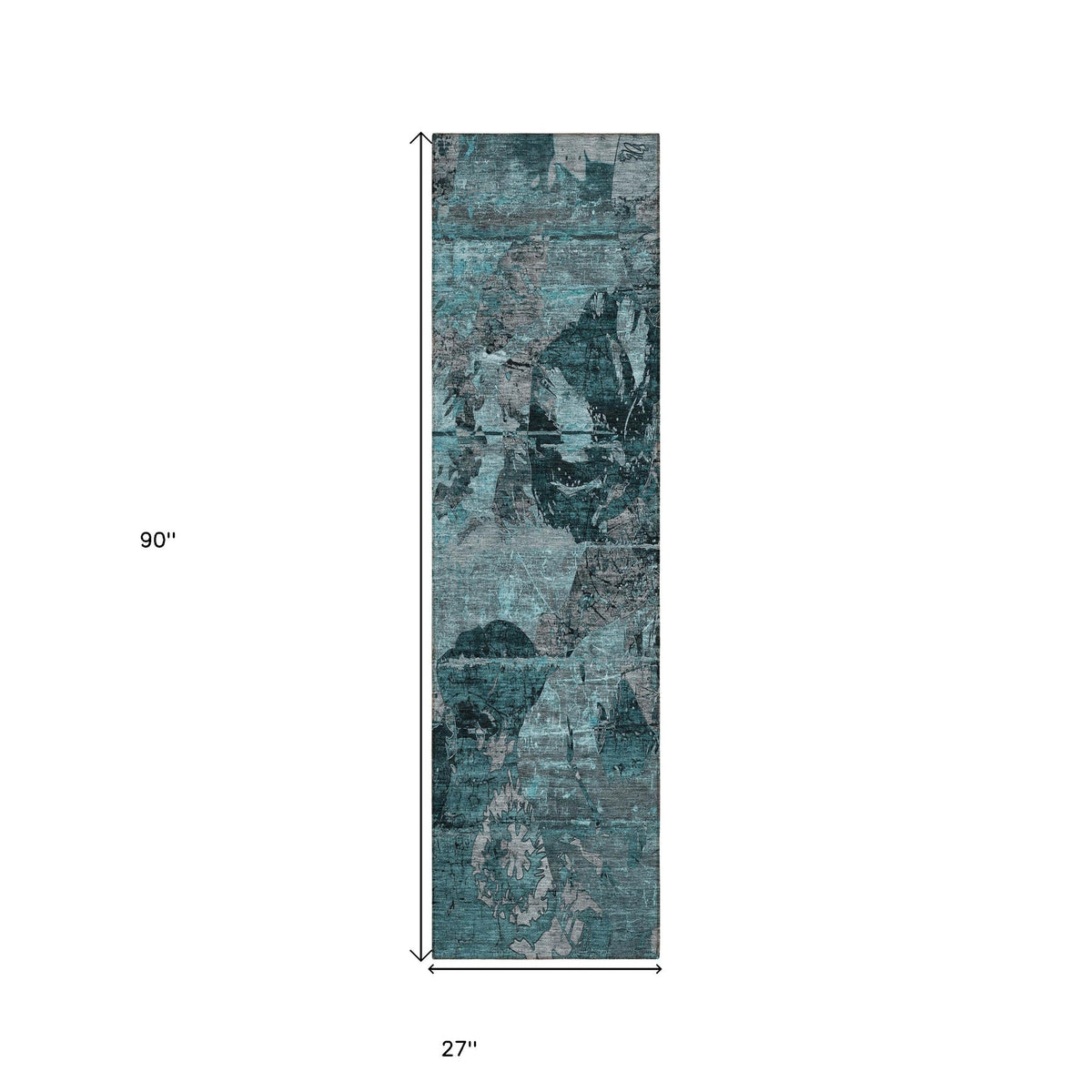 2' X 8' Teal and Gray Abstract Washable Indoor Outdoor Runner Rug W2B