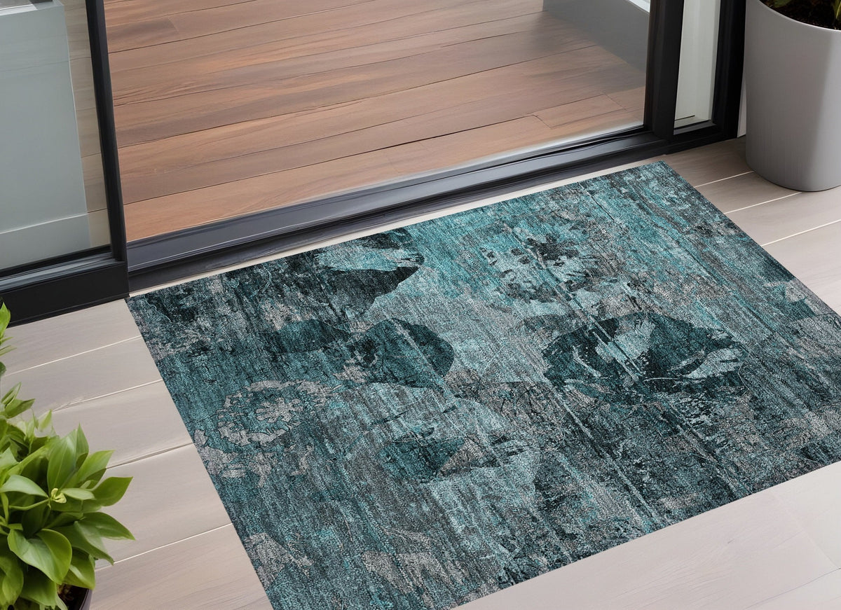 3' X 5' Teal and Gray Floral Washable Non Skid Indoor Outdoor Area Rug W2B