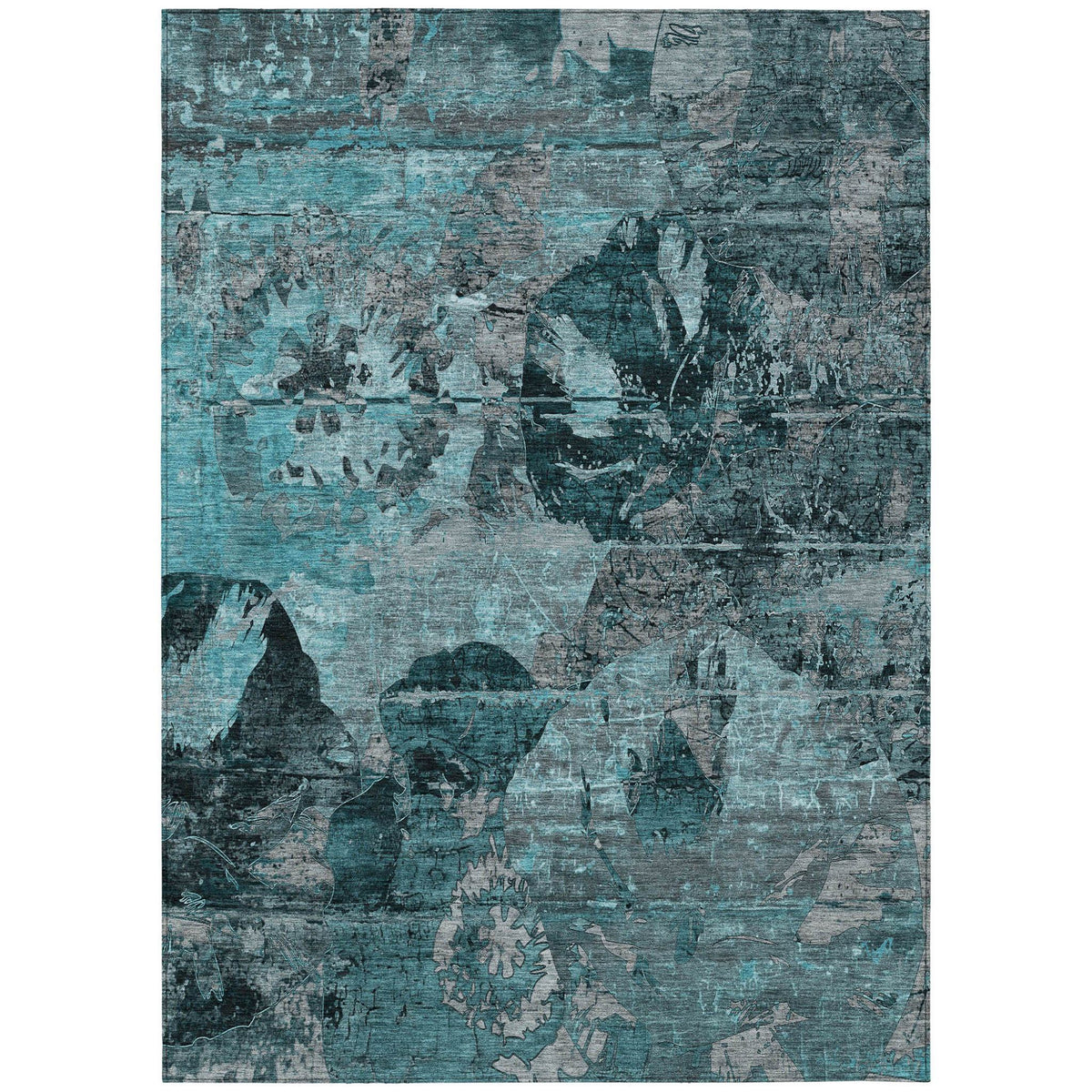 3' X 5' Teal and Gray Floral Washable Non Skid Indoor Outdoor Area Rug W2B