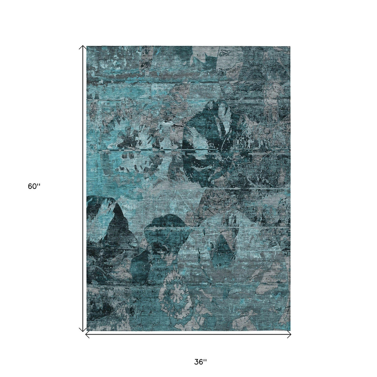 3' X 5' Teal and Gray Floral Washable Non Skid Indoor Outdoor Area Rug W2B