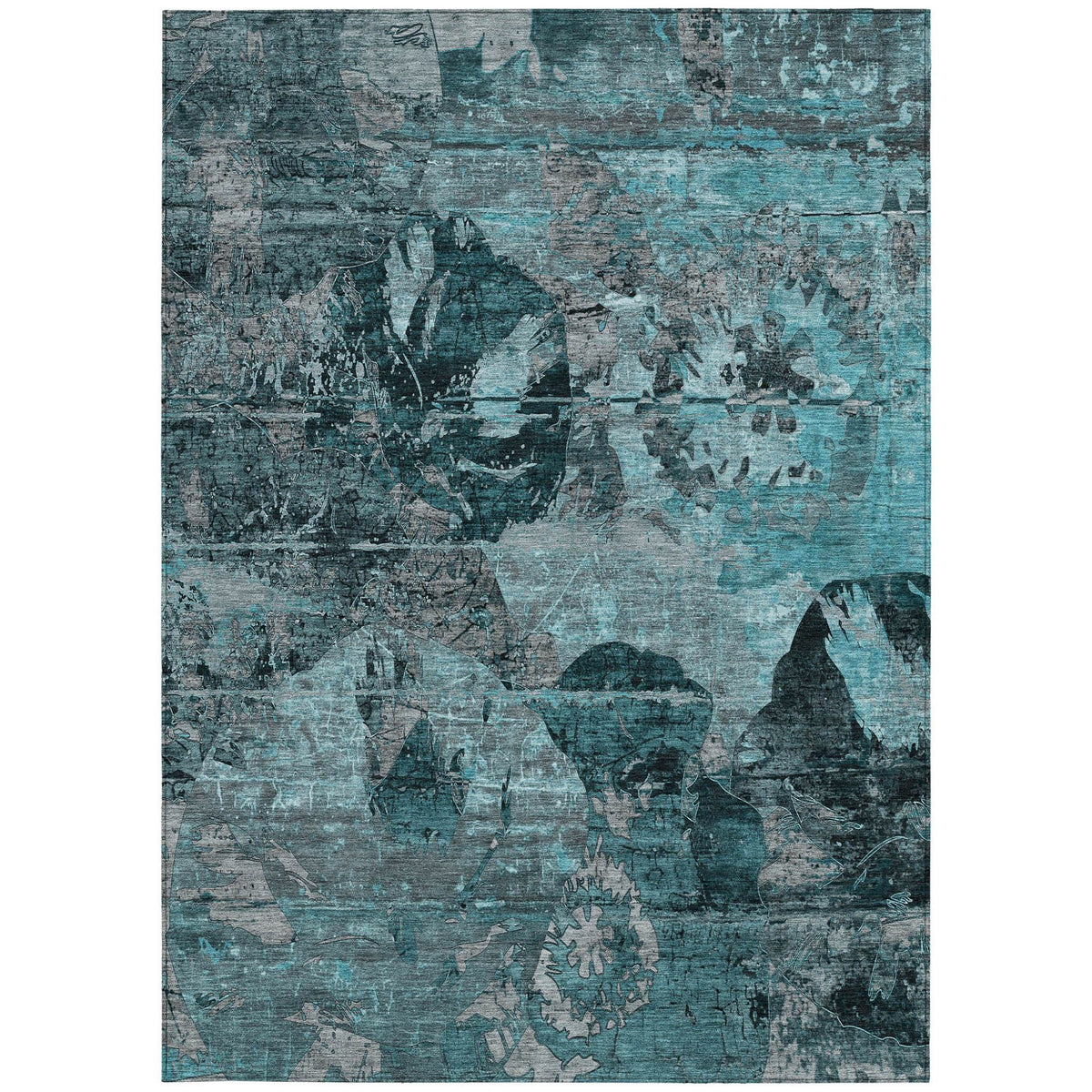 3' X 5' Teal and Gray Floral Washable Non Skid Indoor Outdoor Area Rug W2B