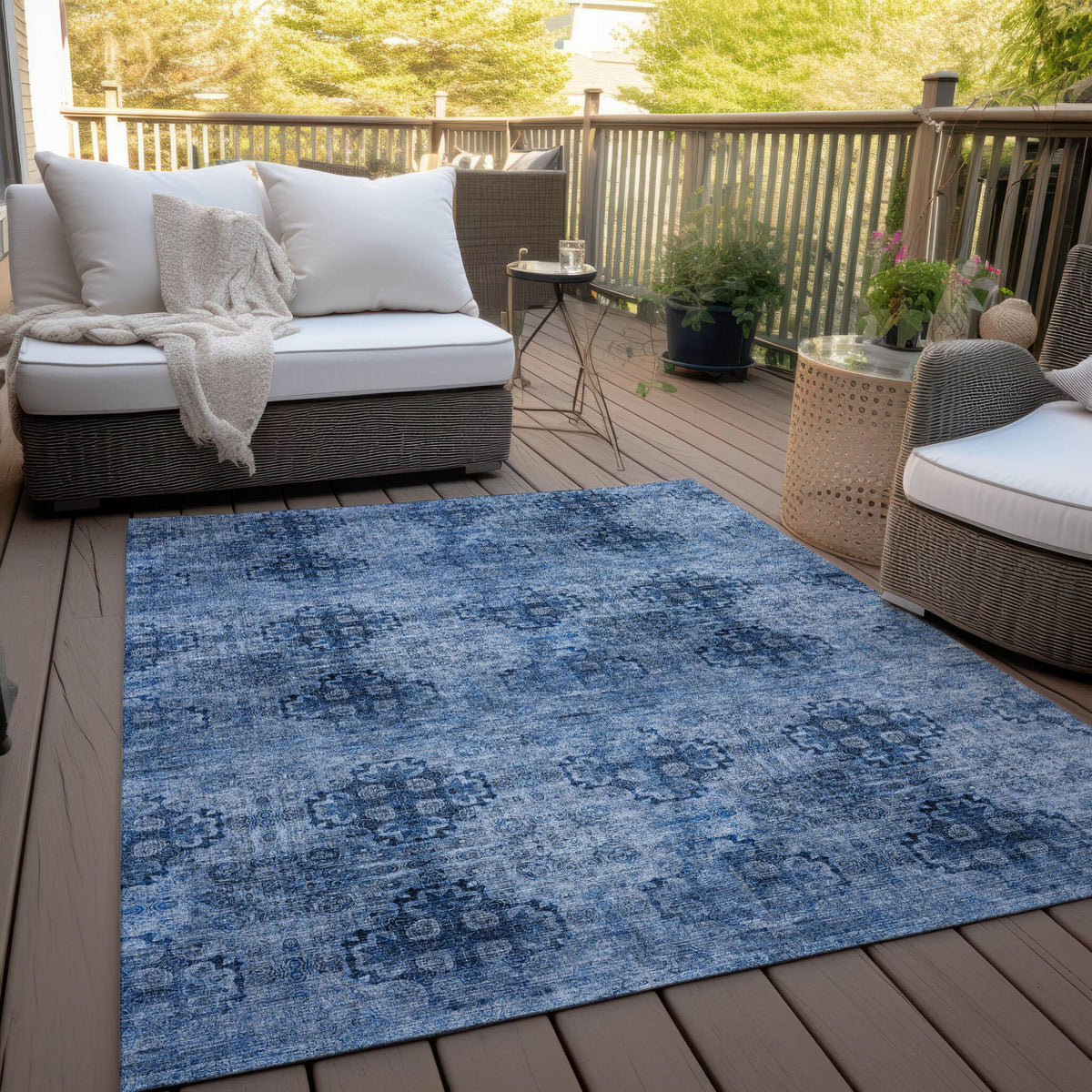 3' X 5' Navy Blue Floral Medallion Washable Non Skid Indoor Outdoor Area Rug W2B