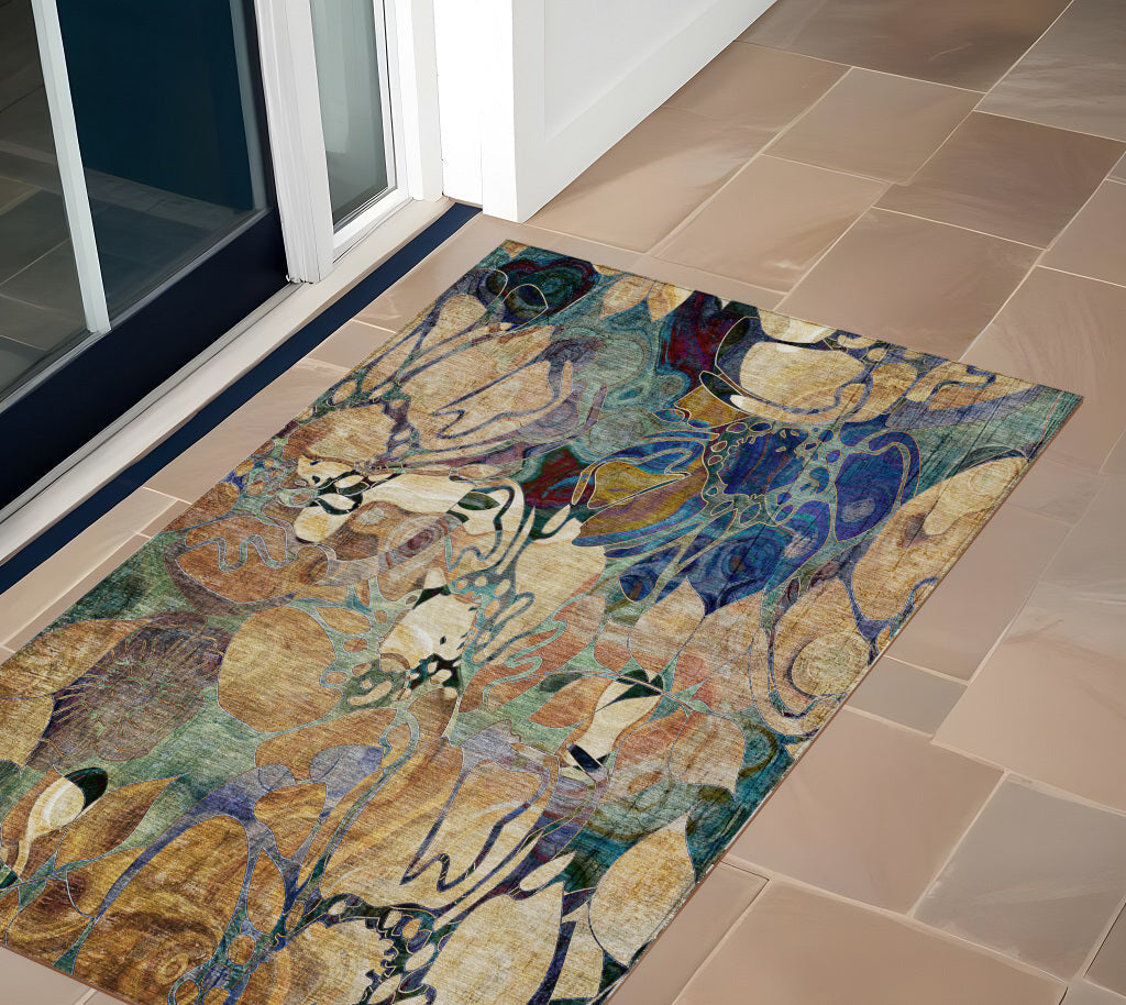 3' X 5' Beige and Blue Abstract Washable Indoor Outdoor Area Rug W2B