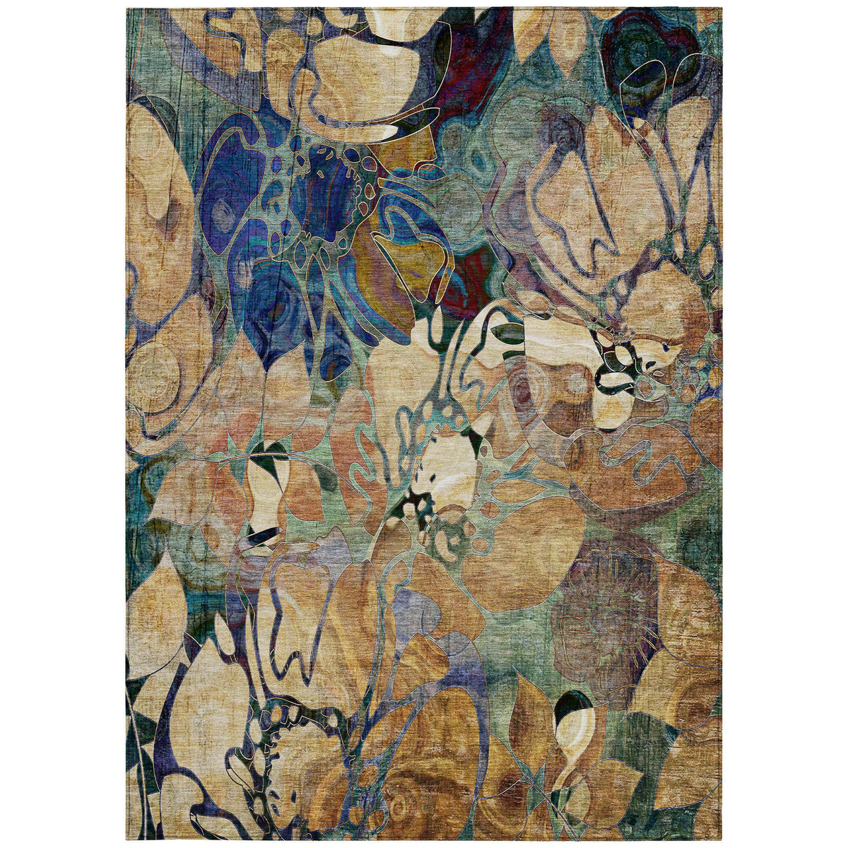 3' X 5' Beige and Blue Abstract Washable Indoor Outdoor Area Rug W2B