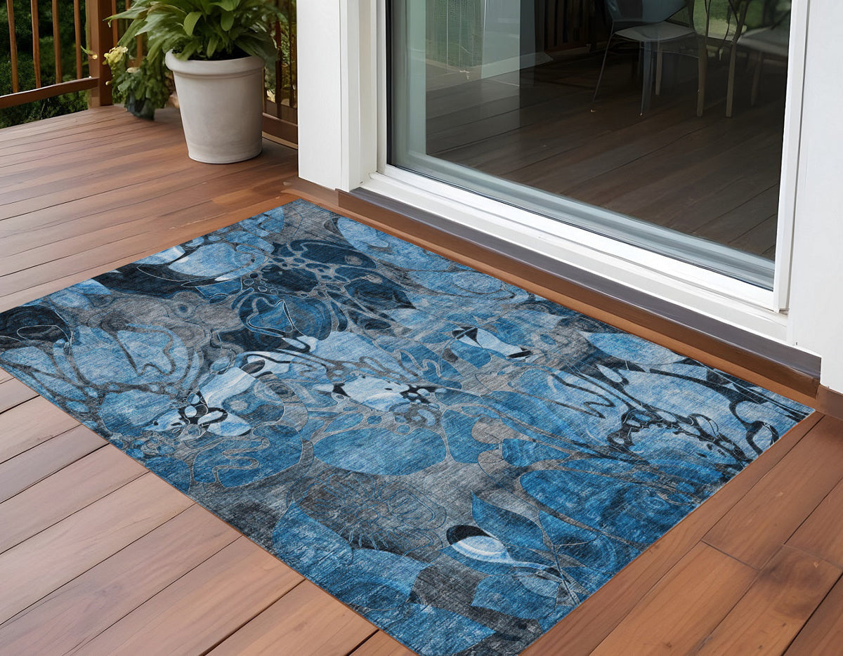 3' X 5' Blue and Gray Abstract Washable Indoor Outdoor Area Rug W2B