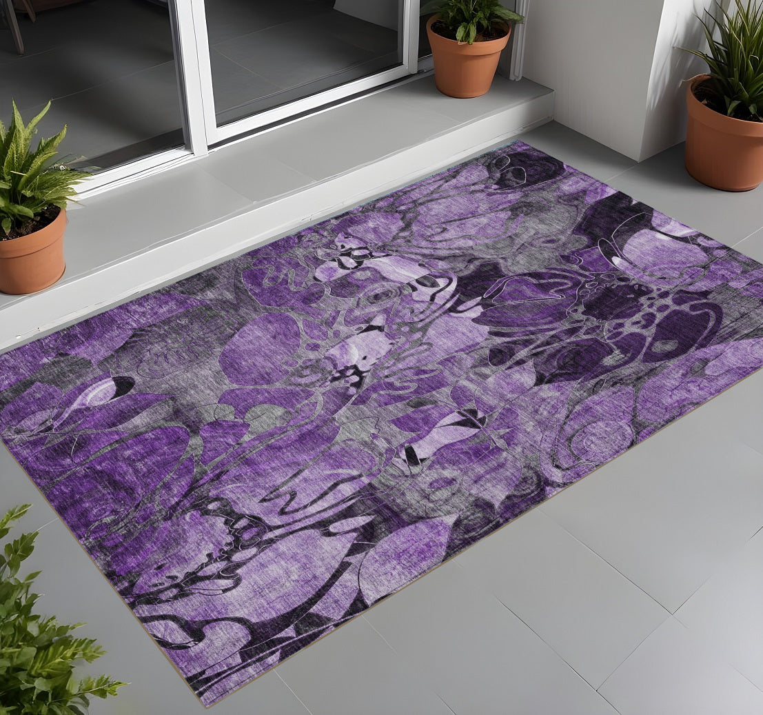 3' X 5' Purple Abstract Washable Indoor Outdoor Area Rug W2B