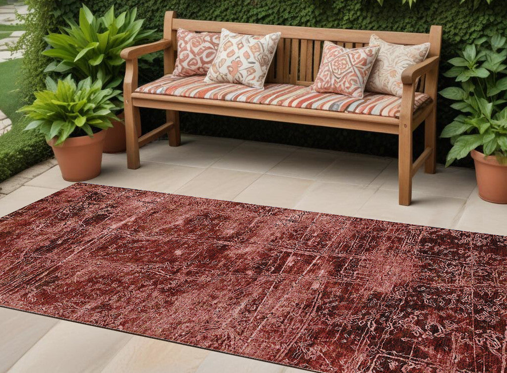 8' Runner Merlot Abstract Washable Non Skid Indoor Outdoor Runner Rug W2B