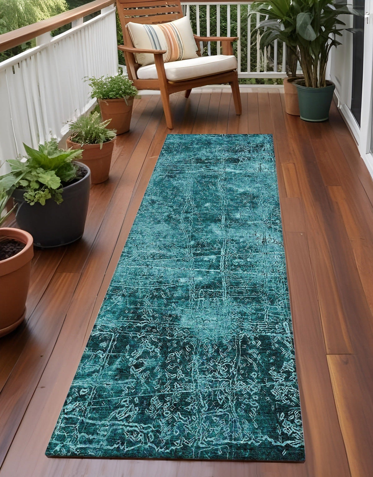 8' Runner Teal Abstract Washable Non Skid Indoor Outdoor Runner Rug W2B