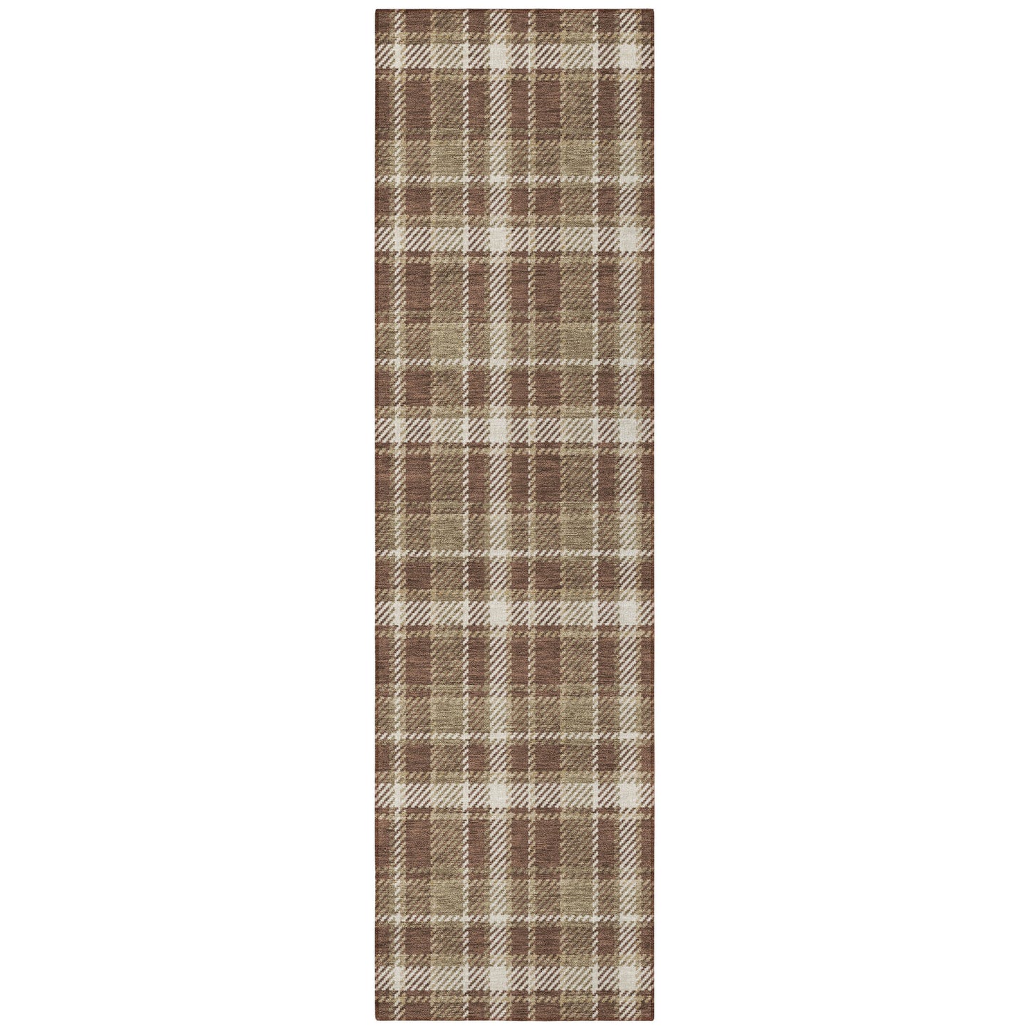 8' Runner Chocolate and Ivory Plaid Washable Non Skid Indoor Outdoor Runner Rug