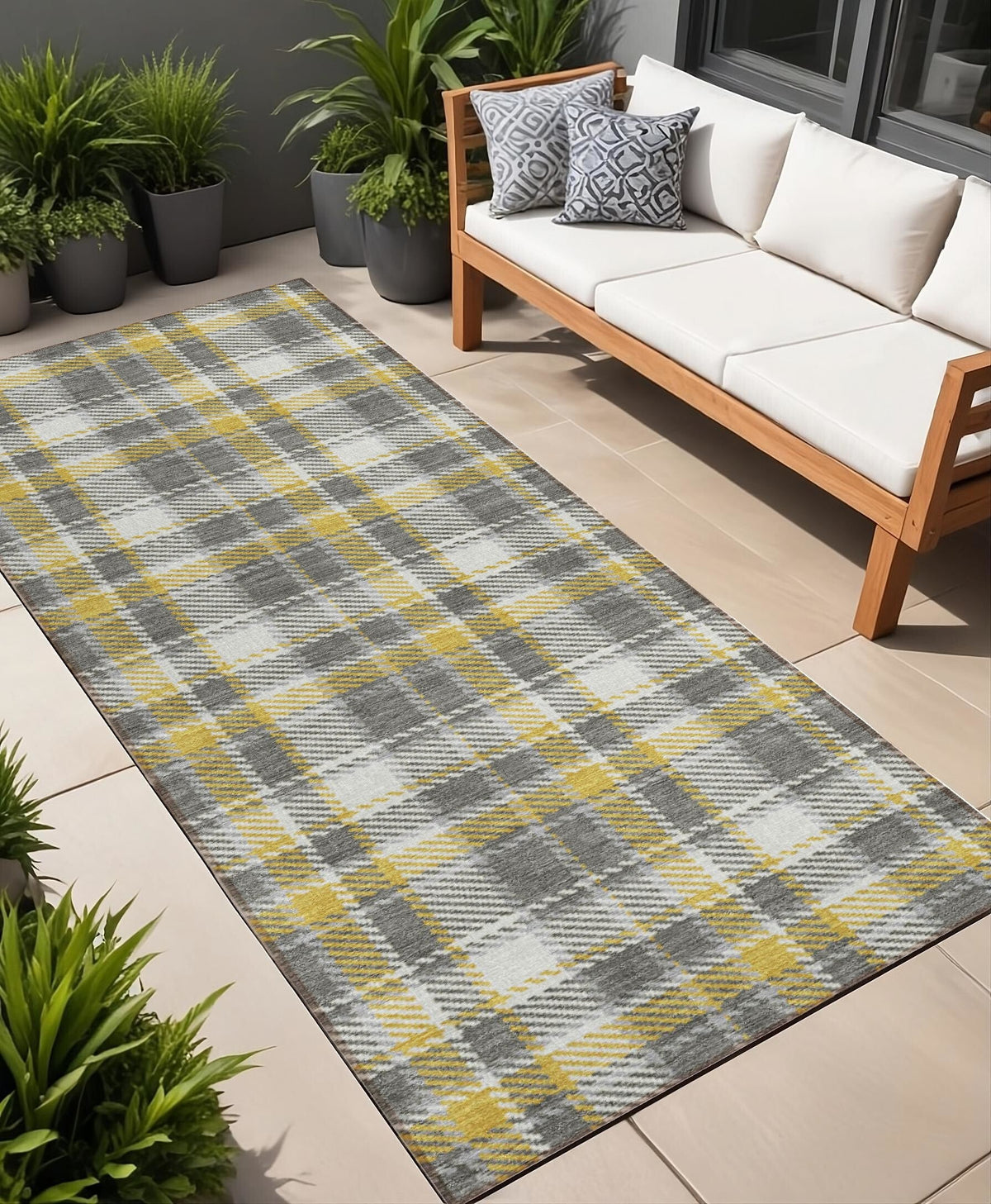 8' Runner Gray Yellow and White Plaid Washable Non Skid Indoor Outdoor Runner Rug W2B