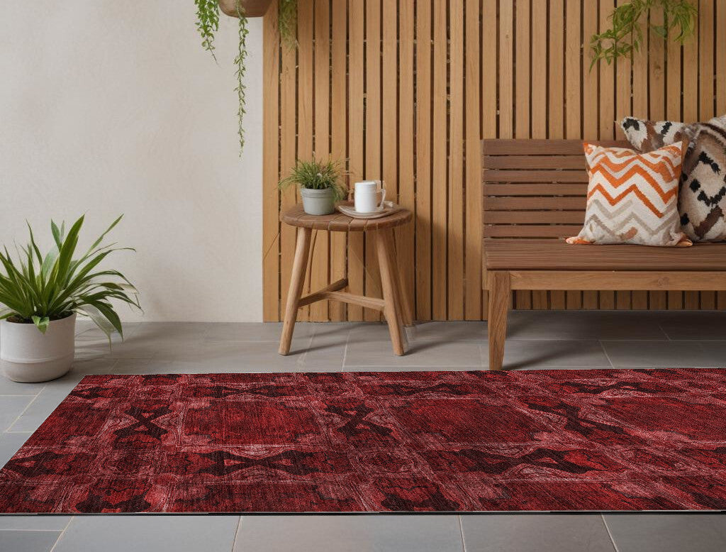 8' Runner Burgundy and Black Floral Medallion Washable Non Skid Indoor Outdoor Runner Rug W2B