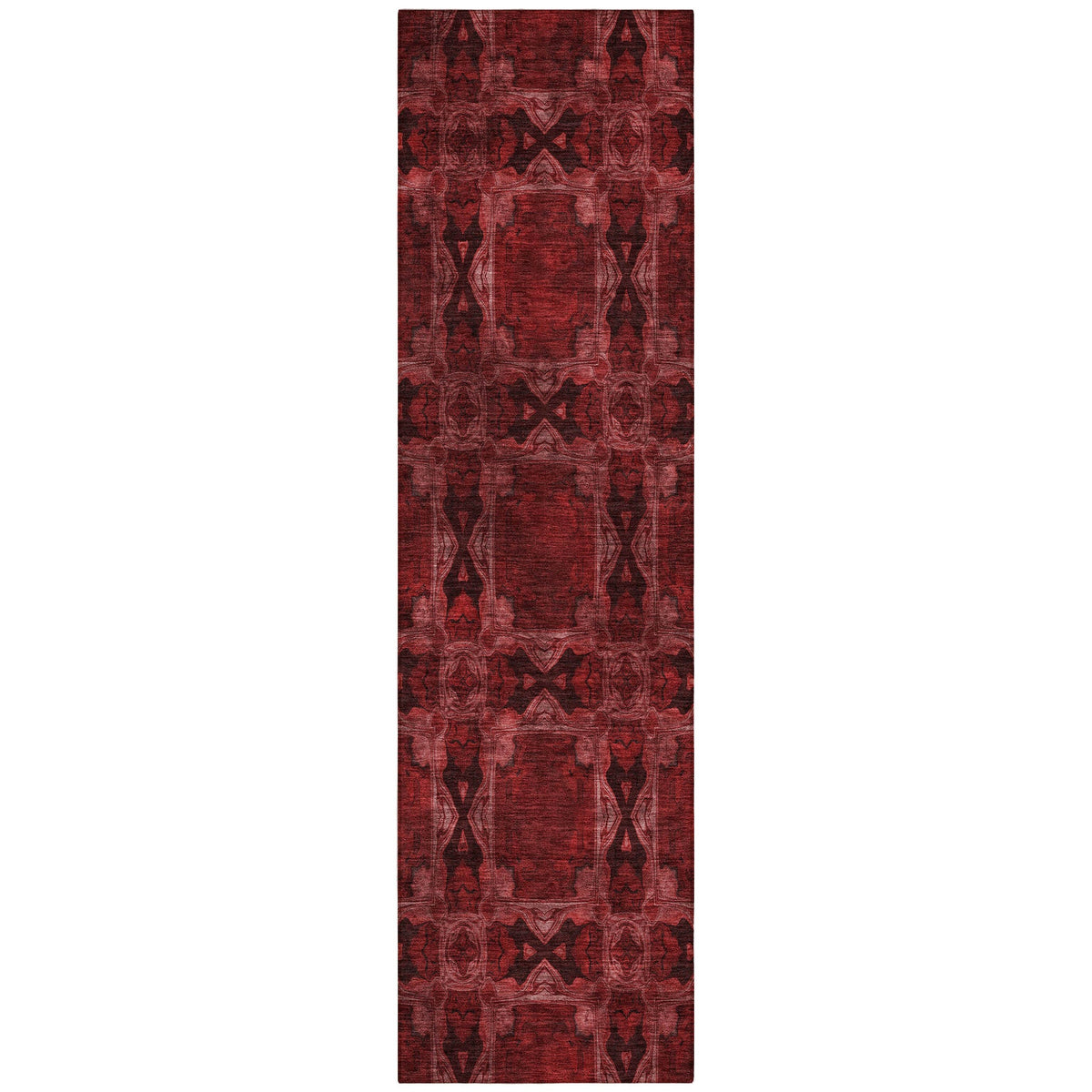 8' Runner Burgundy and Black Floral Medallion Washable Non Skid Indoor Outdoor Runner Rug W2B