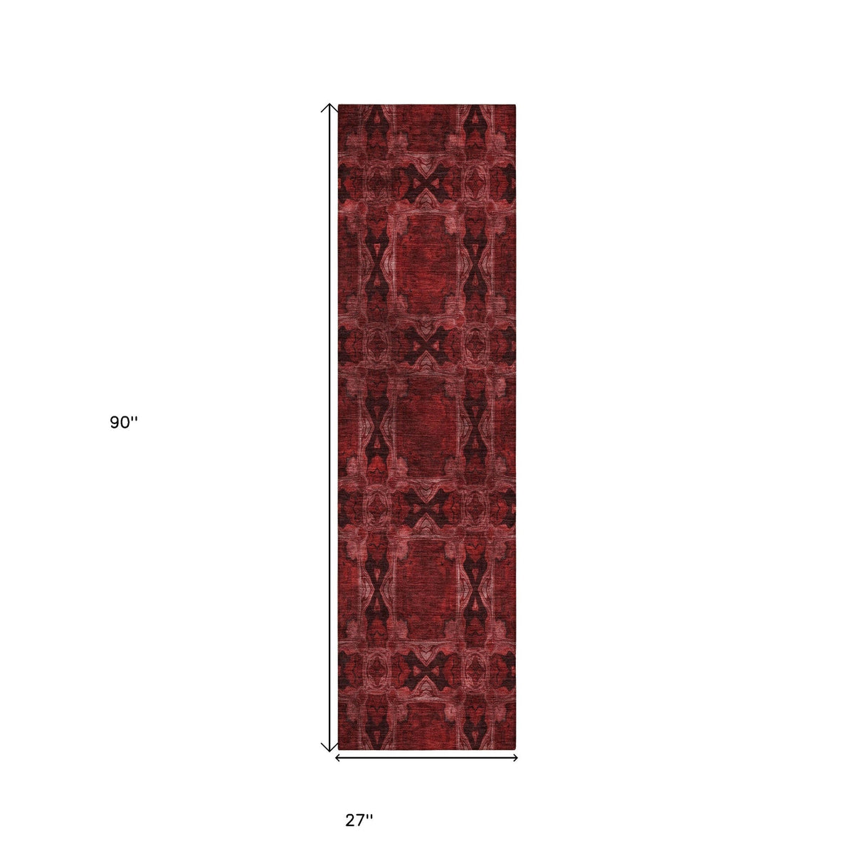 8' Runner Burgundy and Black Floral Medallion Washable Non Skid Indoor Outdoor Runner Rug W2B