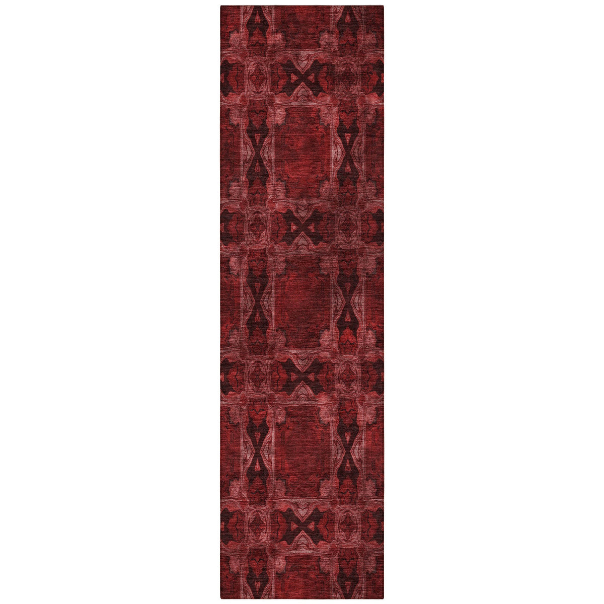 8' Runner Burgundy and Black Floral Medallion Washable Non Skid Indoor Outdoor Runner Rug W2B