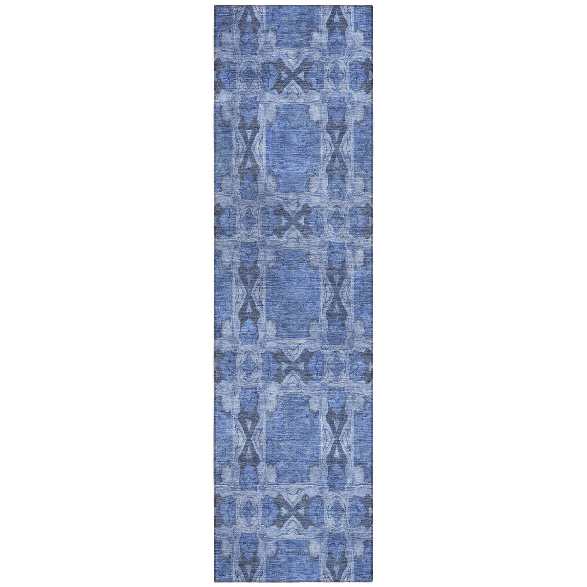 8' Runner Denim Blue and Gray Floral Medallion Washable Non Skid Indoor Outdoor Runner Rug W2B