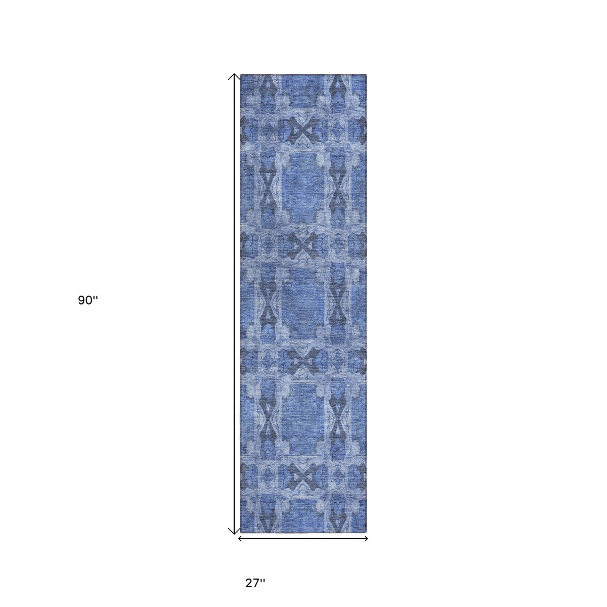 8' Runner Denim Blue and Gray Floral Medallion Washable Non Skid Indoor Outdoor Runner Rug W2B