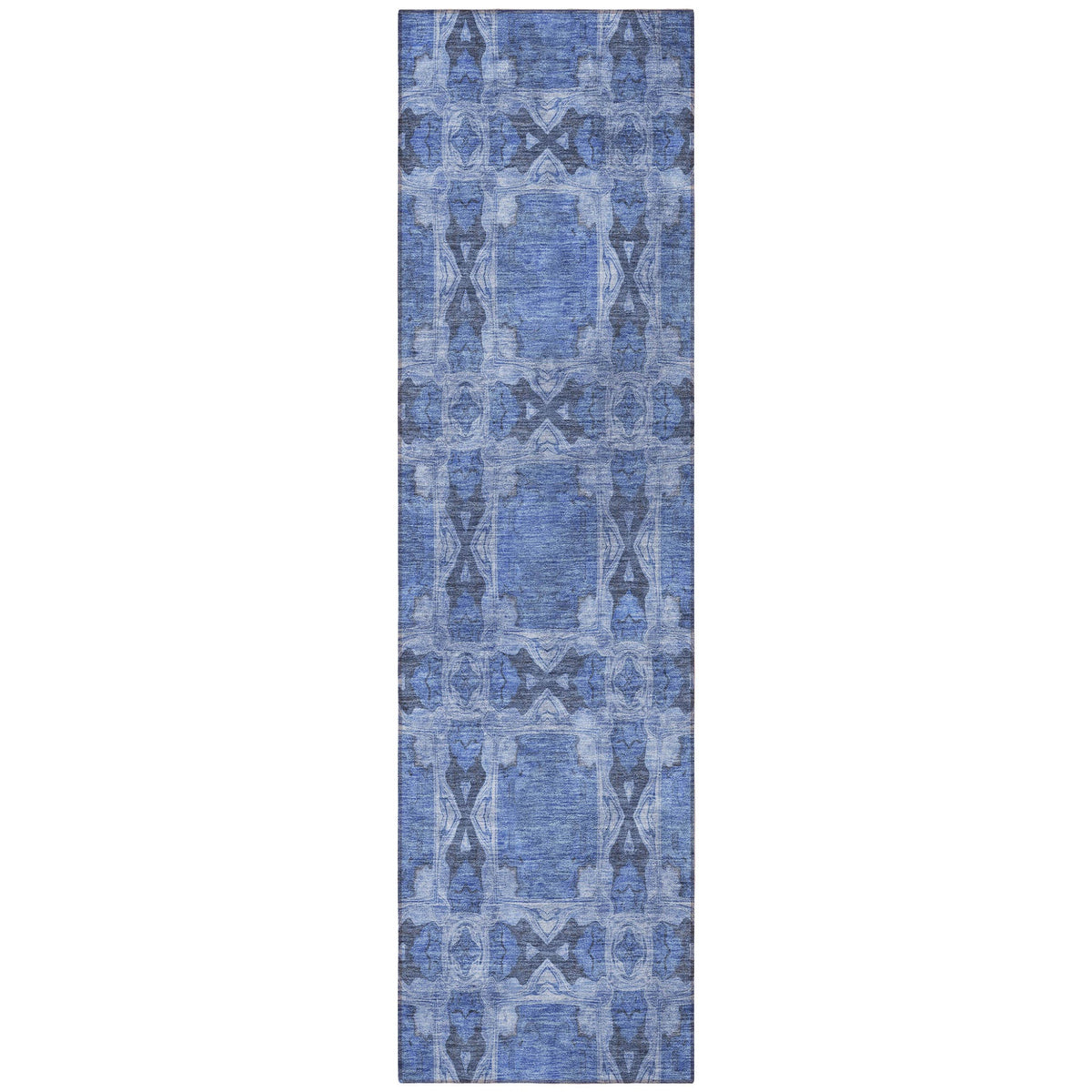 8' Runner Denim Blue and Gray Floral Medallion Washable Non Skid Indoor Outdoor Runner Rug W2B
