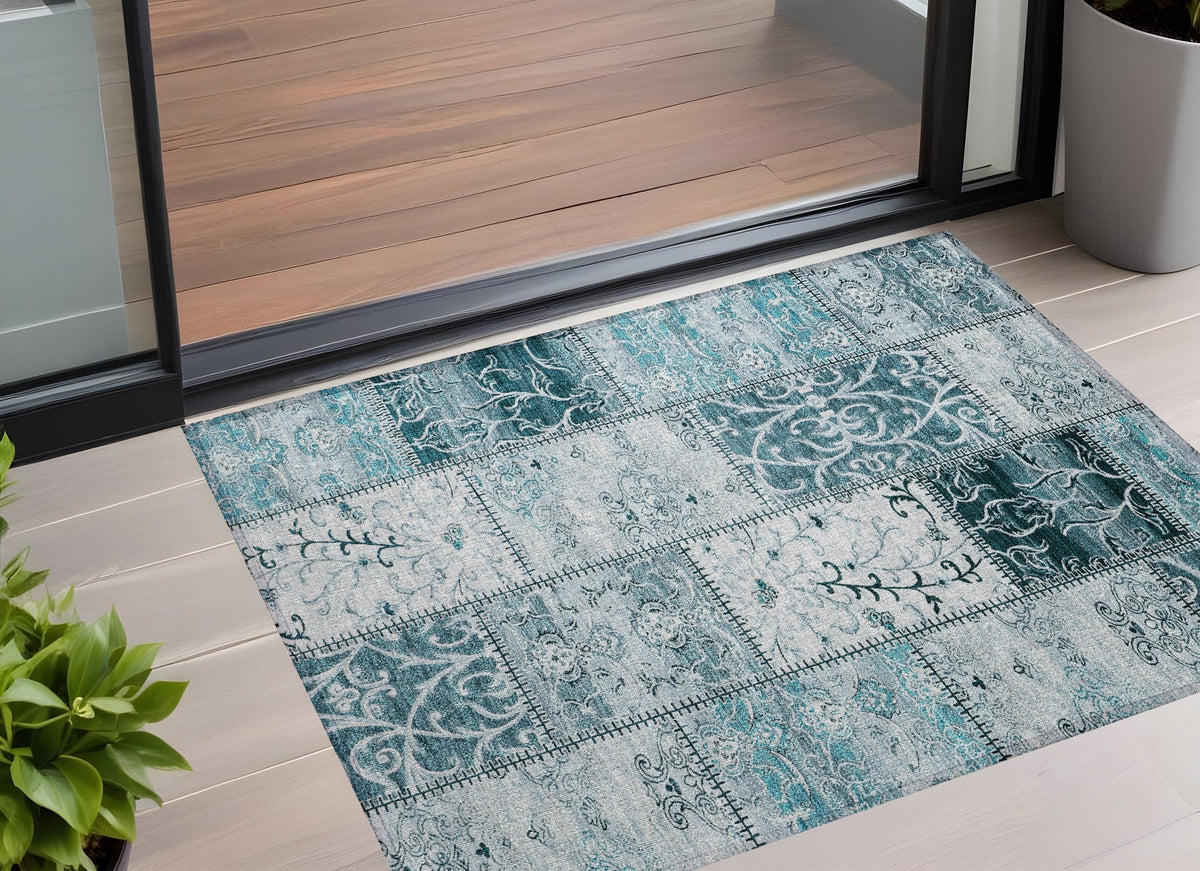 3' X 5' Teal Patchwork Washable Non Skid Indoor Outdoor Area Rug W2B