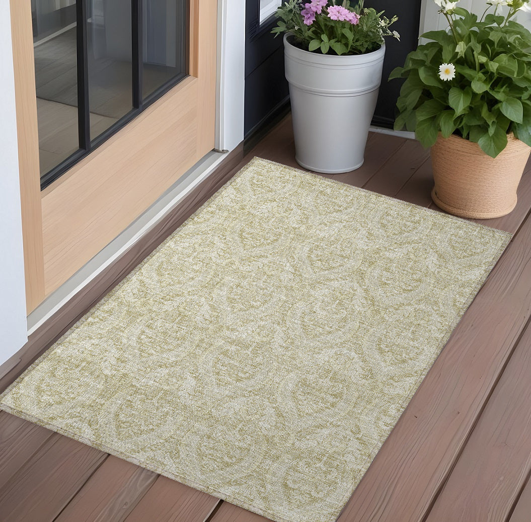 3' X 5' Light Green Damask Washable Non Skid Indoor Outdoor Area Rug W2B