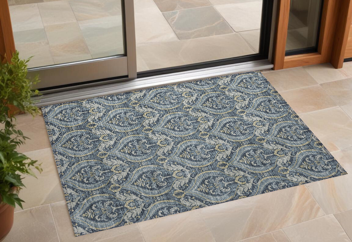 3' X 5' Blue and Cream Damask Washable Non Skid Indoor Outdoor Area Rug W2B