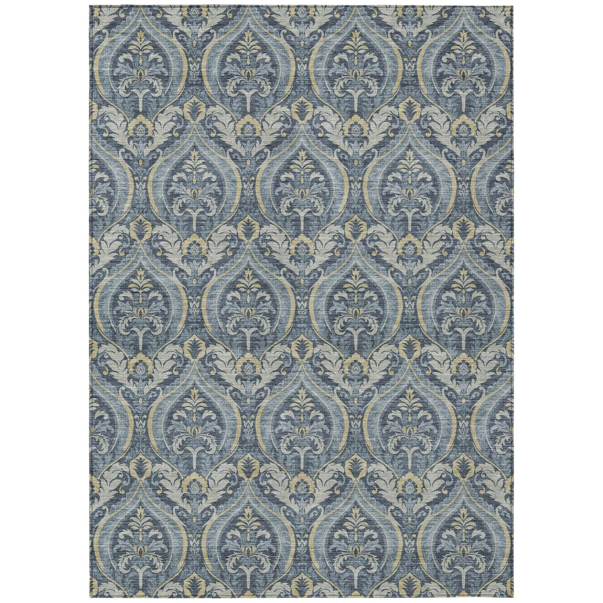 3' X 5' Blue and Cream Damask Washable Non Skid Indoor Outdoor Area Rug W2B