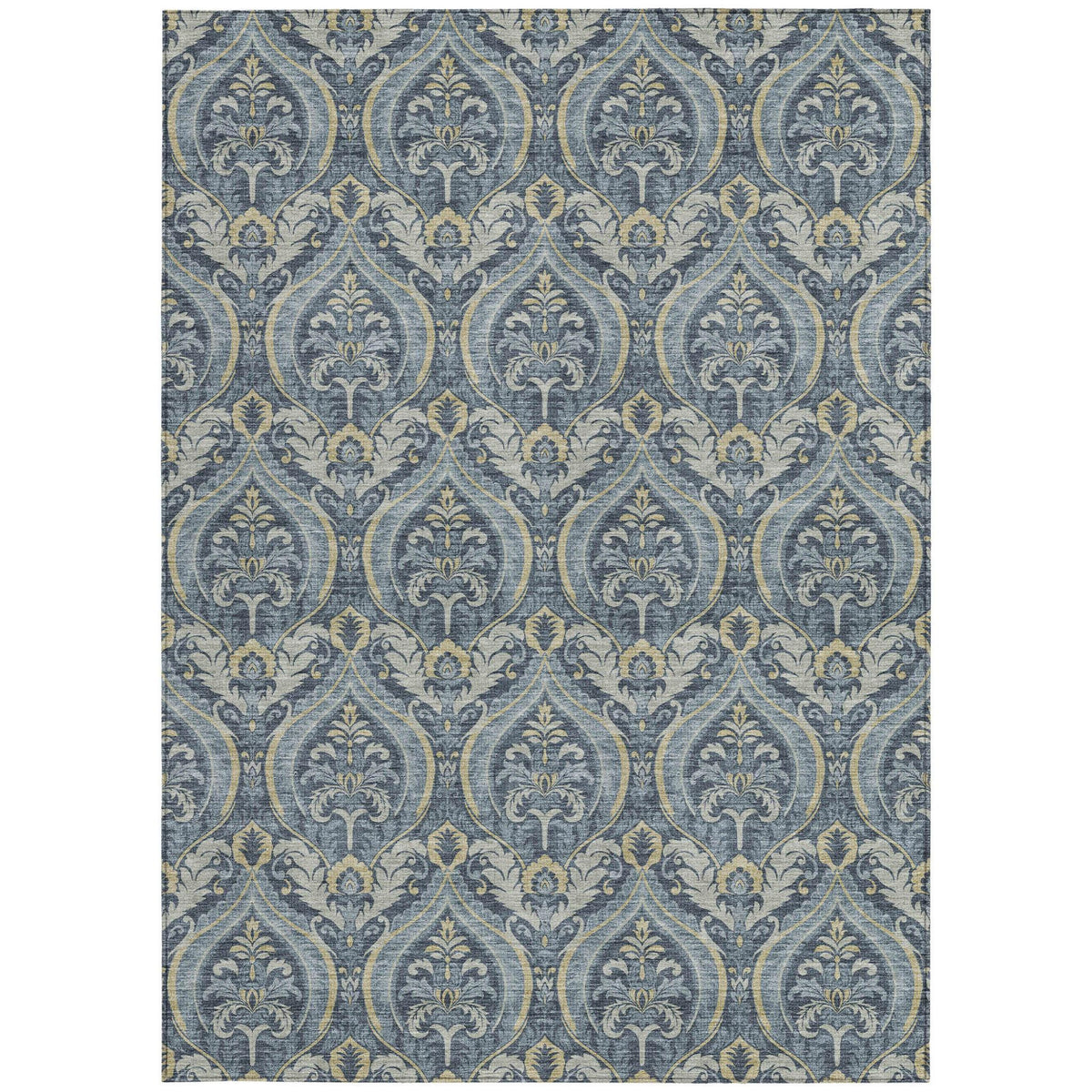 3' X 5' Blue and Cream Damask Washable Non Skid Indoor Outdoor Area Rug W2B