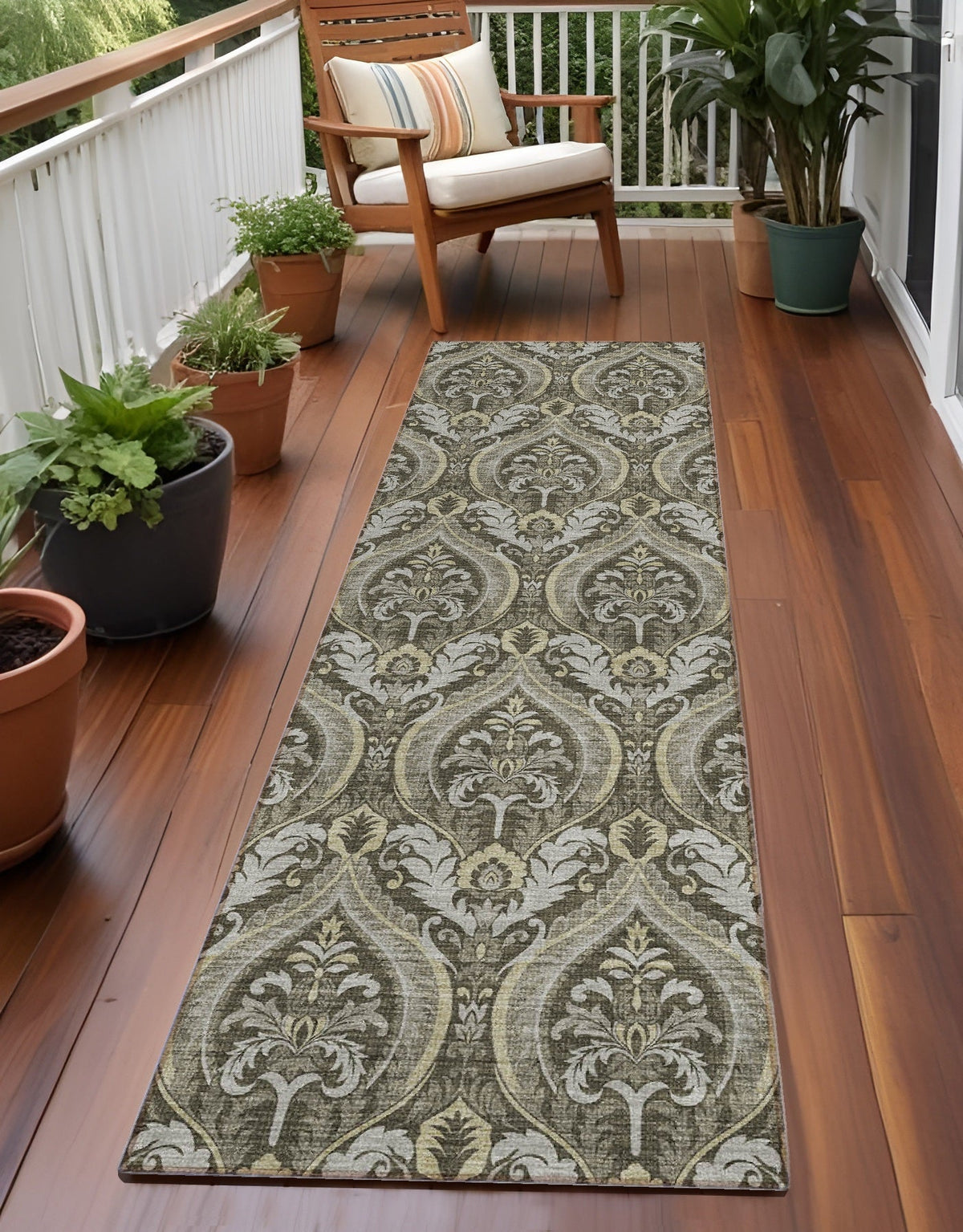 8' Runner Taupe and Beige Damask Washable Non Skid Indoor Outdoor Runner Rug W2B