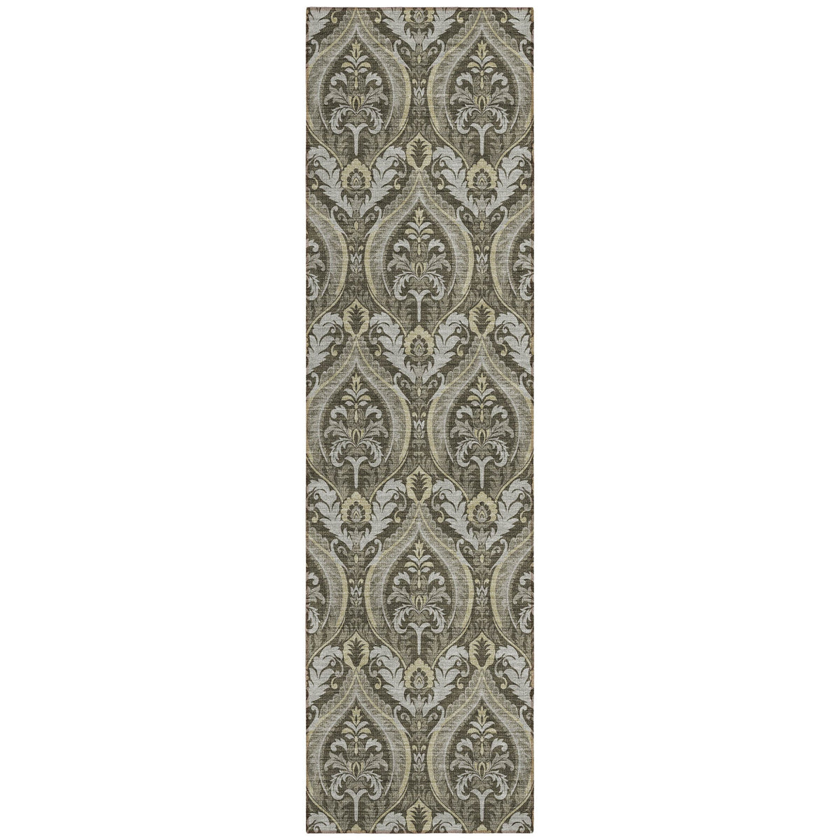 8' Runner Taupe and Beige Damask Washable Non Skid Indoor Outdoor Runner Rug W2B