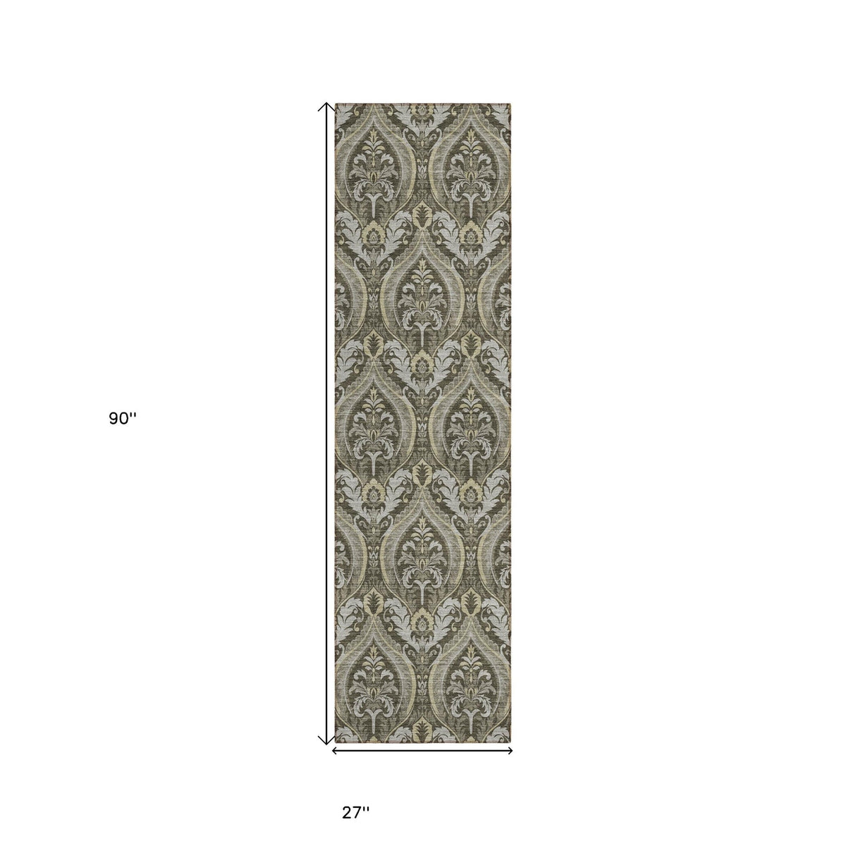 8' Runner Taupe and Beige Damask Washable Non Skid Indoor Outdoor Runner Rug W2B