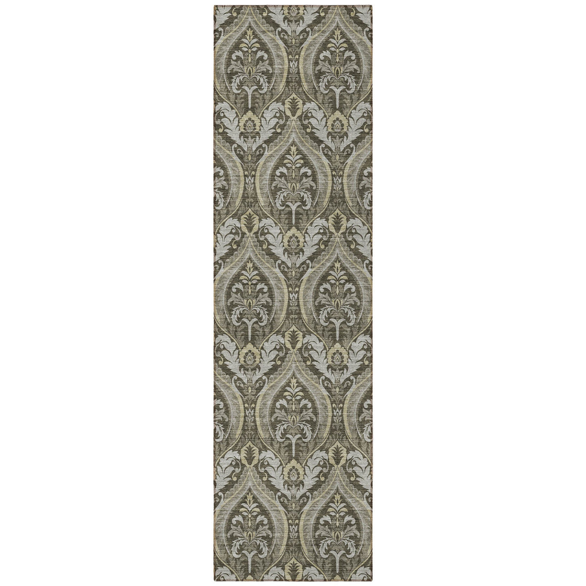 8' Runner Taupe and Beige Damask Washable Non Skid Indoor Outdoor Runner Rug W2B