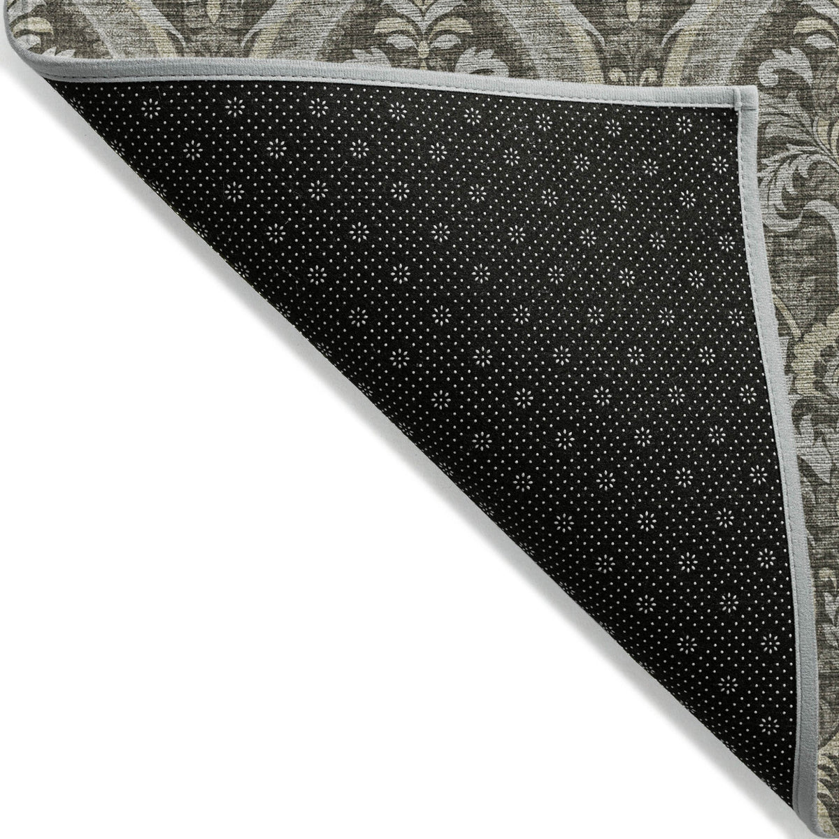 8' Runner Taupe and Beige Damask Washable Non Skid Indoor Outdoor Runner Rug W2B
