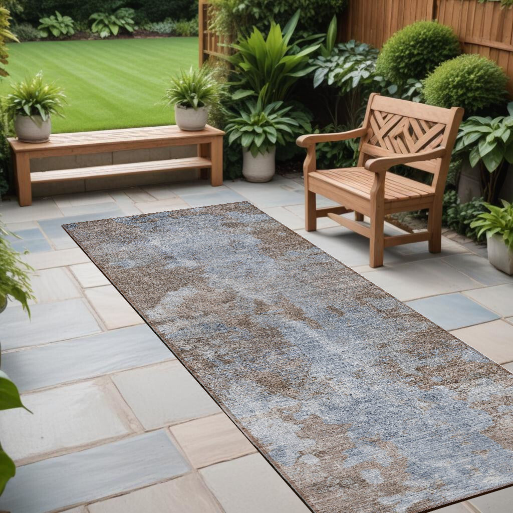 8' Runner Mocha and Blue Abstract Washable Non Skid Indoor Outdoor Runner Rug W2B
