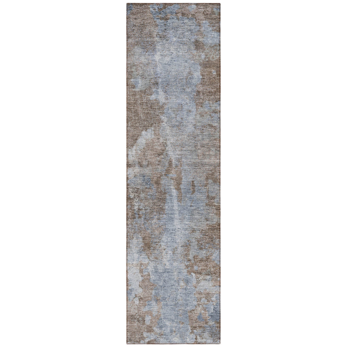 8' Runner Mocha and Blue Abstract Washable Non Skid Indoor Outdoor Runner Rug W2B