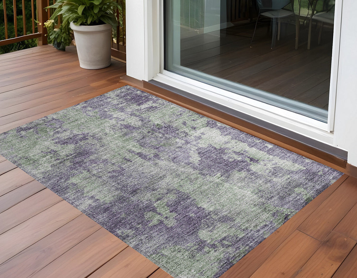 3' X 5' Purple and Green Abstract Washable Non Skid Indoor Outdoor Area Rug W2B