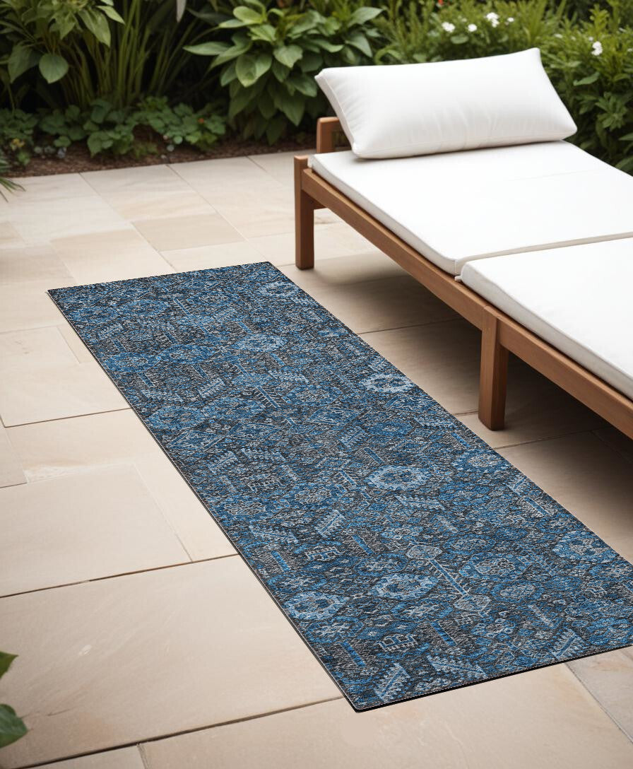 8' Runner Blue and Black Floral Washable Non Skid Indoor Outdoor Runner Rug W2B