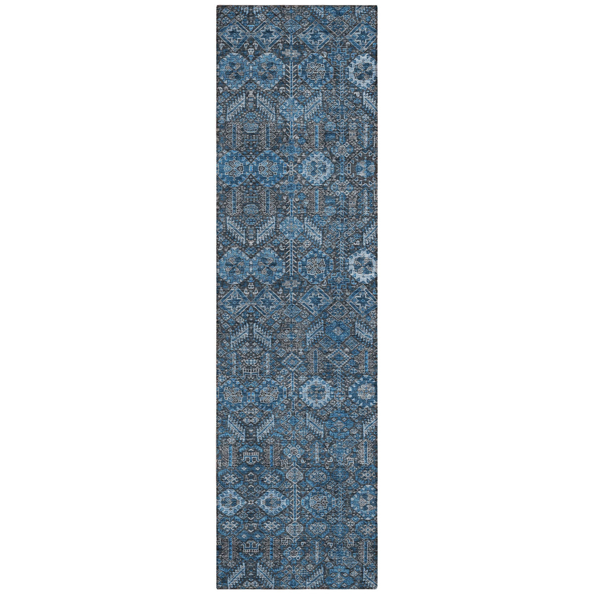 8' Runner Blue and Black Floral Washable Non Skid Indoor Outdoor Runner Rug W2B