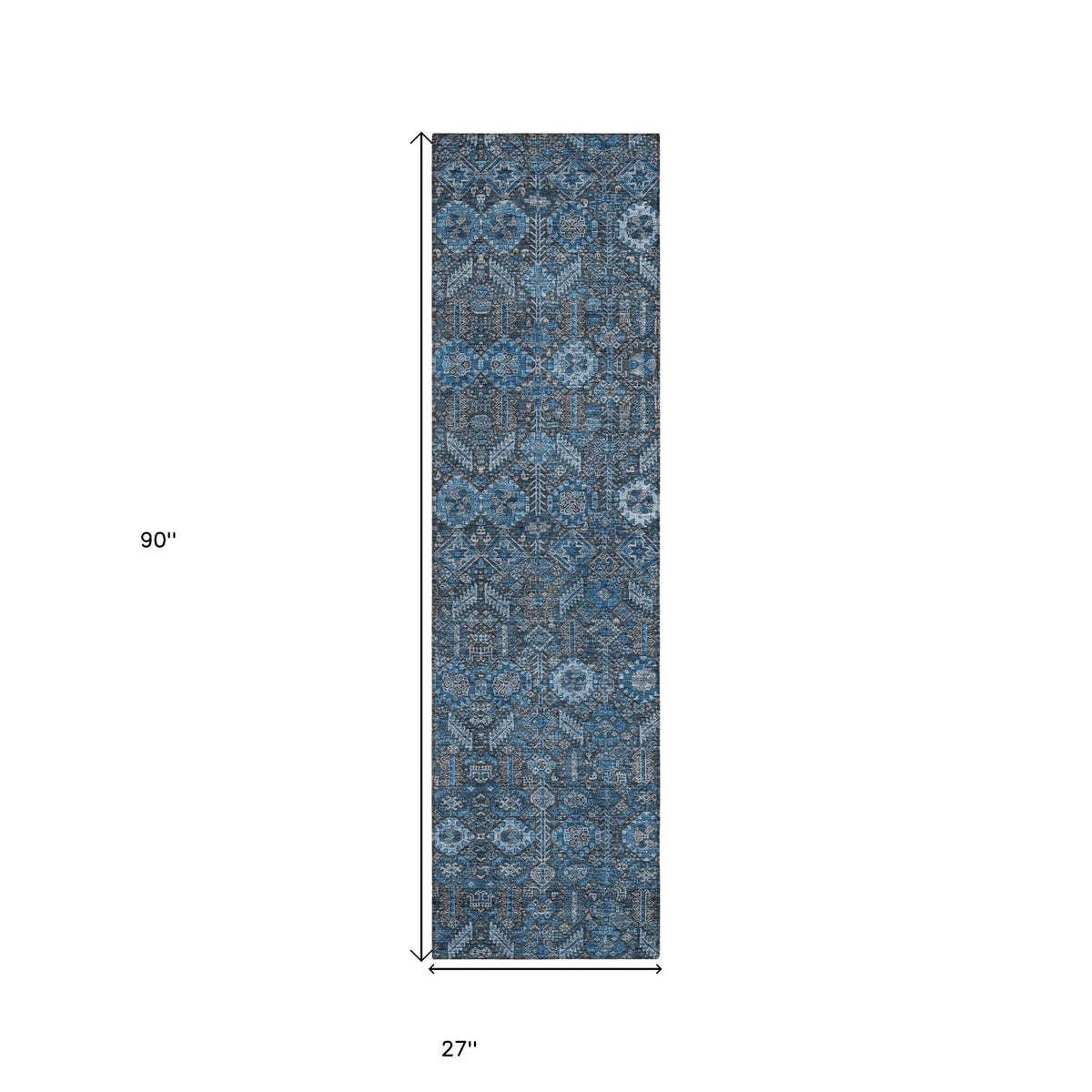 8' Runner Blue and Black Floral Washable Non Skid Indoor Outdoor Runner Rug W2B