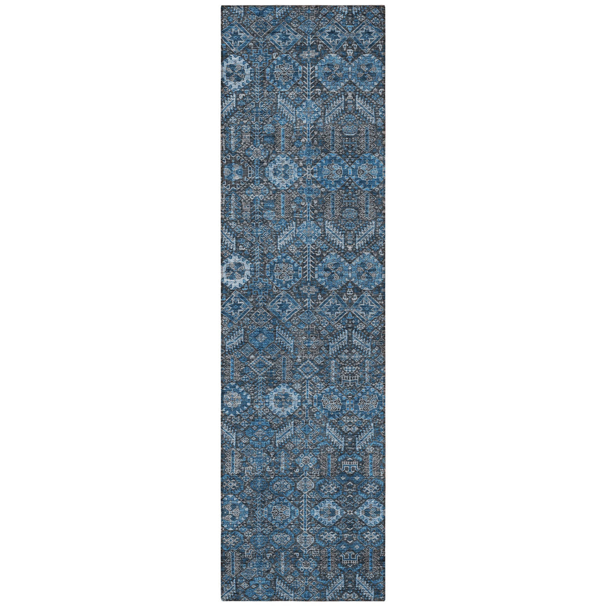 8' Runner Blue and Black Floral Washable Non Skid Indoor Outdoor Runner Rug W2B