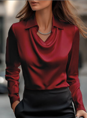 Women's Swing Collar Draped Shirts & Blouses Elegant Solid Satin Office Ladies Top Pullover Spring Long Sleeve Casual Tops LadyShow.Store